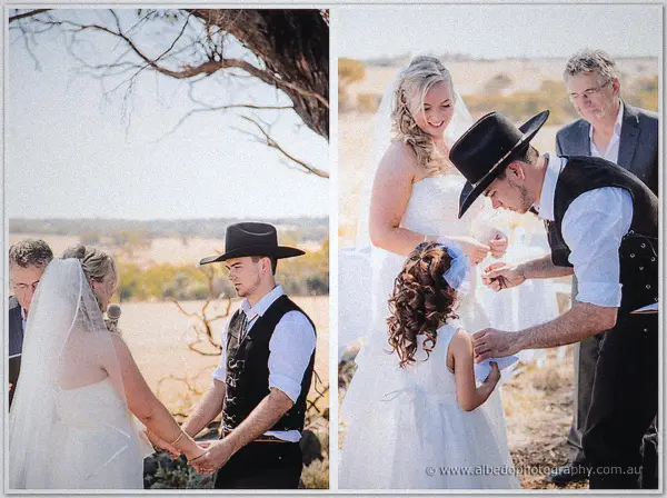 Two views of the vow exchange show Gary reaching for the ring while the couple laugh beside the flower girl.