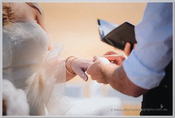 The groom slides the wedding ring onto Tash's finger in a soft-focus close-up of lace and gold.