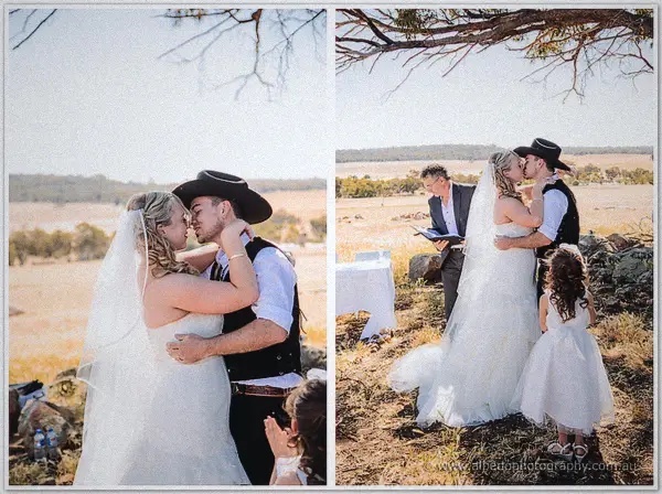 Two frames of the first kiss: Tash pulling Gary close as the celebrant and flower girl look on.