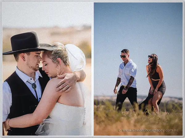 A tender newlywed embrace beside a candid of a tattooed guest and guest in black striding through dry grass.