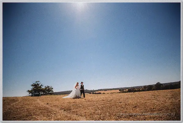 A vast blue sky dwarfs the couple standing hand in hand in the middle of a harvested brown field.