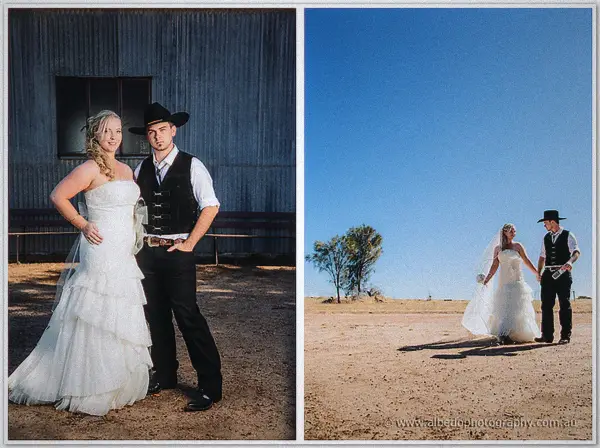 Two poses of the couple before a corrugated-iron barn and a sun-baked dirt clearing under deep blue sky.