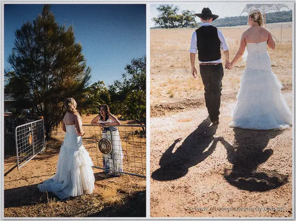 The bride chats over a farm gate beside a gum tree, plus a back view of the couple walking the dirt road.