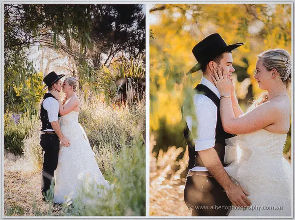 Split portrait of Tash and Gary nose to nose, his black hat brim between them in golden light