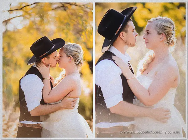 Close-up of Tash and Gary leaning nose to nose, his hat brim dividing the frame in warm light