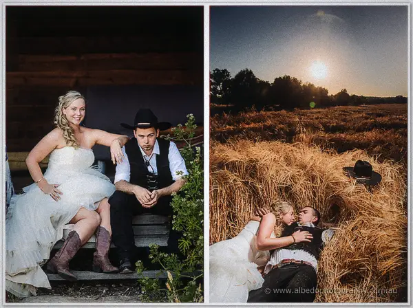 Tash in cowgirl boots sits laughing beside Gary on a timber bench, then they lounge in hay at dusk