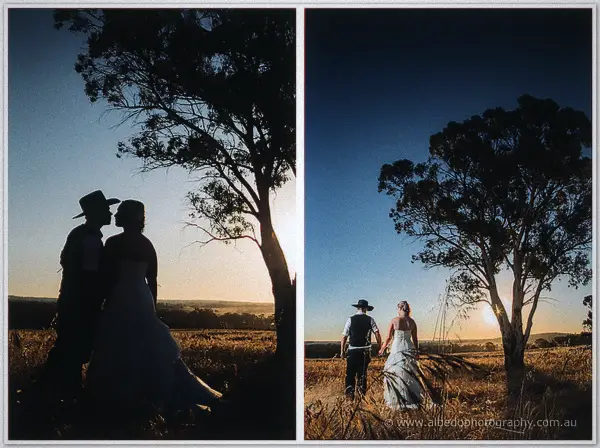Twin dusk silhouettes: the couple nose to nose by a gum, then strolling towards the sunset