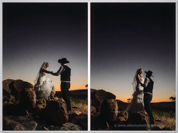 A dusk diptych of the couple on the rocks: hand in hand, then face to face at twilight