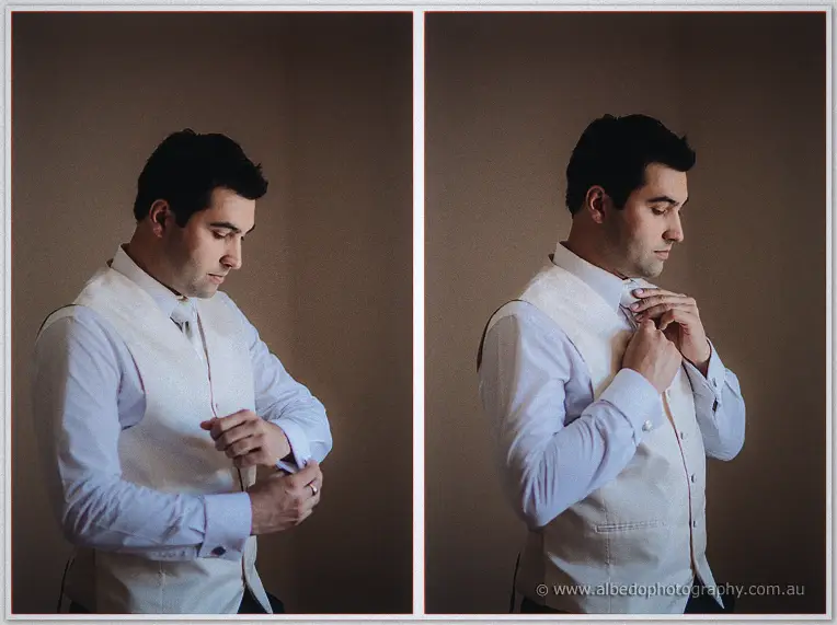 Diptych of Craig in a pale waistcoat fastening his cuff and straightening his tie in warm lamplight