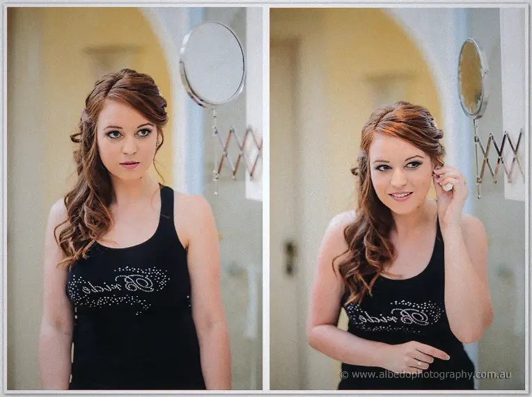 Diptych of a red-haired bridesmaid in a rhinestone bride tank mirror-checking her curled hair