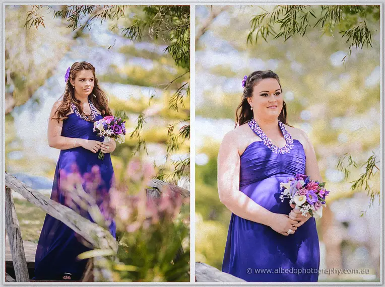 Diptych of a bridesmaid in a cobalt halter gown carrying her posy under pepper trees