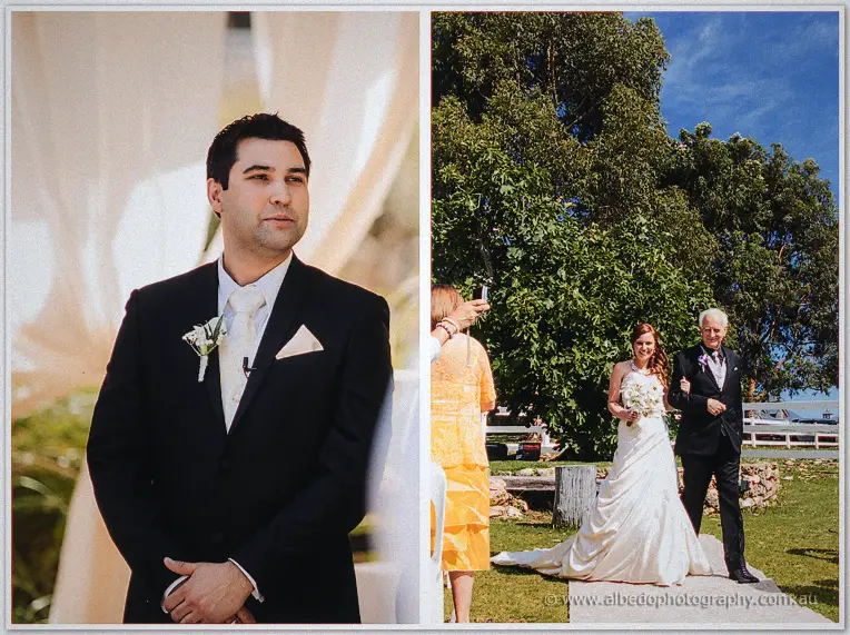 Diptych of Craig waiting under the arbour as Amanda and her father walk the lawn aisle
