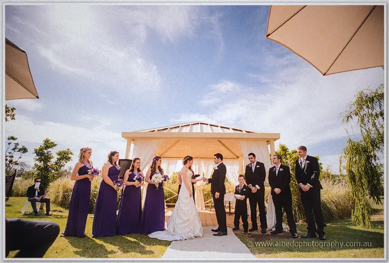 Wide view of the full bridal party gathered under the white arbour in bright sunshine