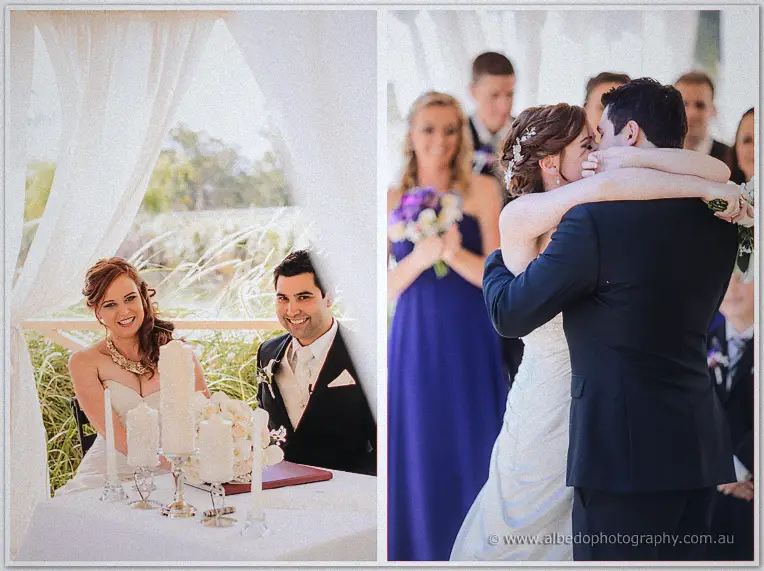 The beaming newlyweds at the signing table, then their first kiss with bridesmaids watching behind