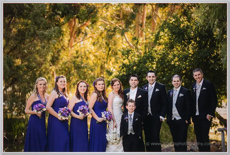 Bridesmaids in royal purple line up with the couple and groomsmen against sunlit bushland