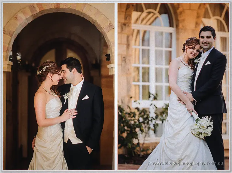 Two frames of the newlyweds beside arched windows, her white bouquet at her waist