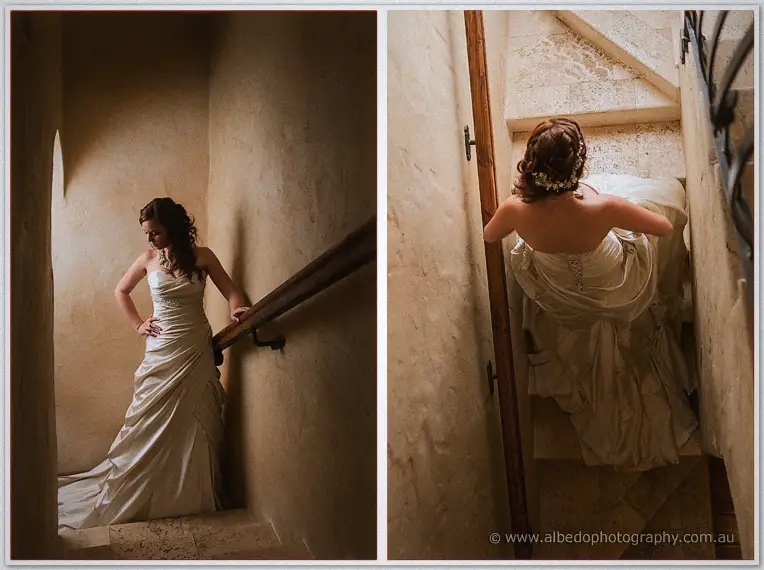 Amanda lifts her satin gown climbing a rustic stone staircase, diptych from above and below
