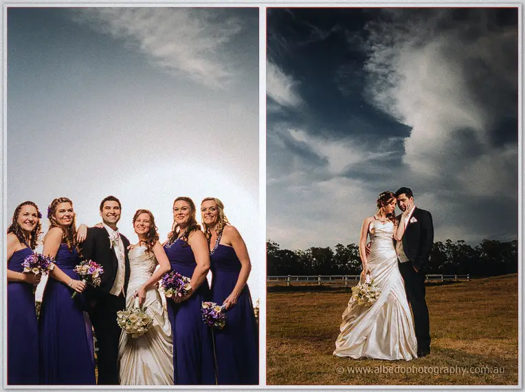 Diptych: bridesmaids clutching bouquets beside the couple, then a windy couple embrace