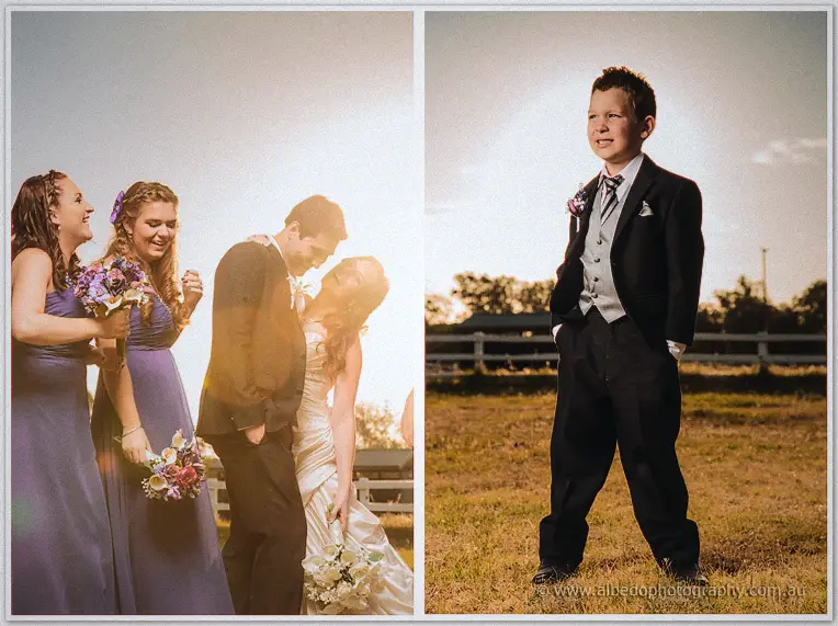 Amanda and Craig touch foreheads in golden light as bridesmaids in purple laugh and their page boy looks on