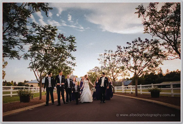 The wedding party strolls down the tree-lined drive past white fences as sunset light floods the Swan Valley