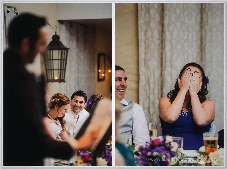 A diptych of speech reactions: the newlyweds grin low while a bridesmaid in purple hides her laughing face