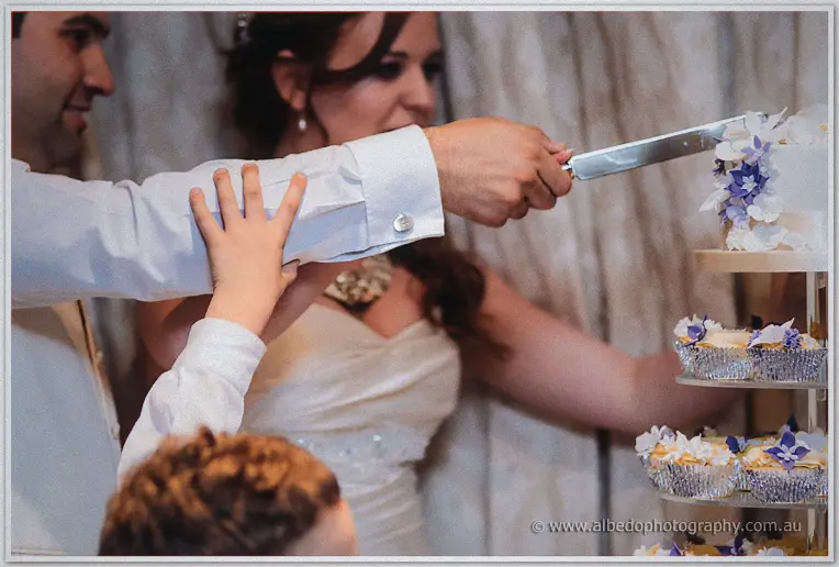 A close view of the knife in the cake while the page boy grips Craig's sleeve to help cut