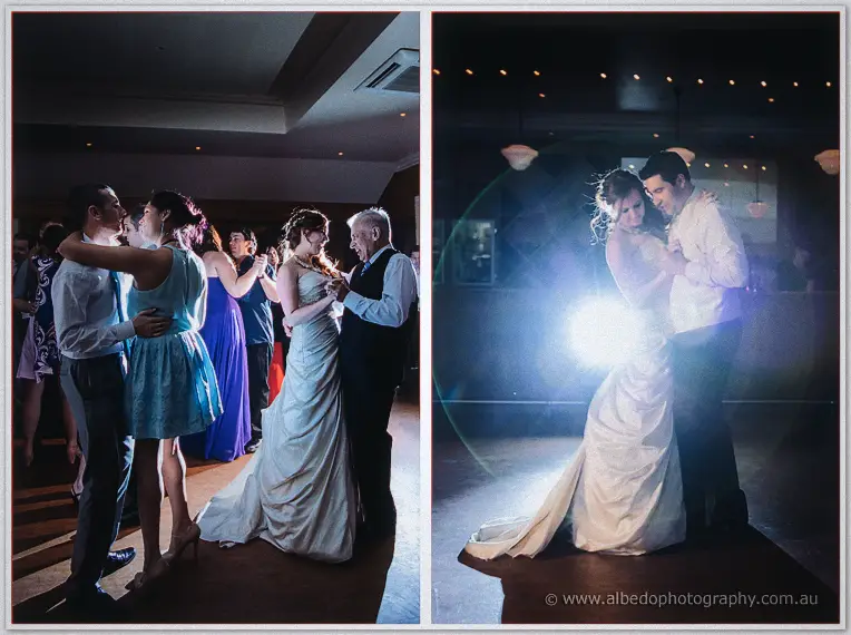 Split frame of guests dancing at the reception and the newlyweds embracing against a burst of backlight