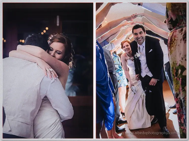 Diptych of the bride hugging her groom and the couple walking a tunnel of raised guests' hands