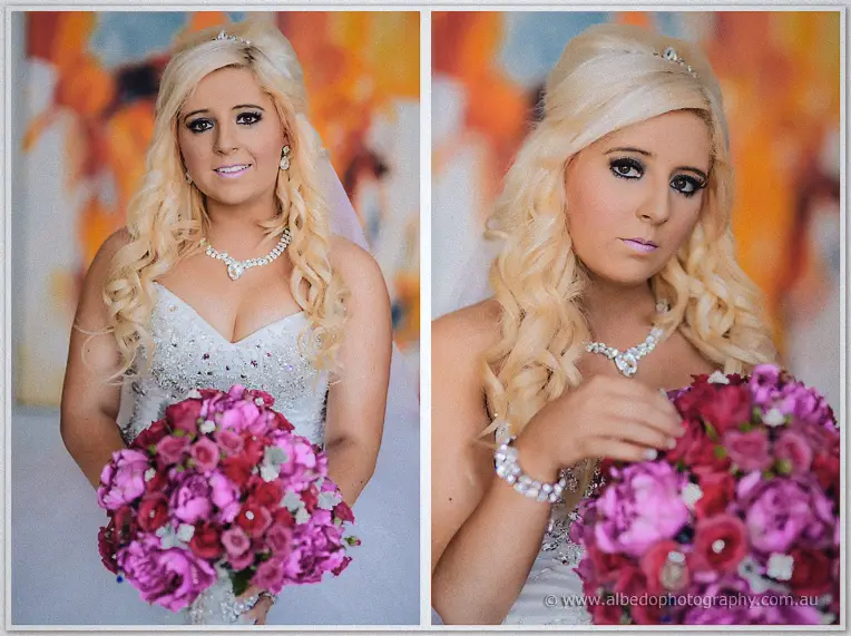 Bridal portrait diptych of Steph with curled blonde hair, tiara and magenta peony bouquet.