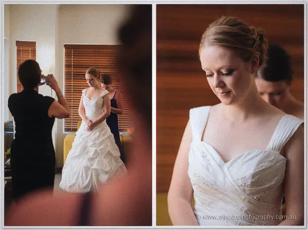 Diptych of Cayla in her ruffled gown as family photograph her and a close-up of her beaded bodice
