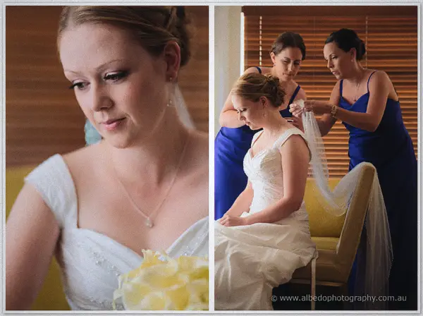 Diptych of Cayla with yellow roses beside bridesmaids fastening her veil over wooden blinds
