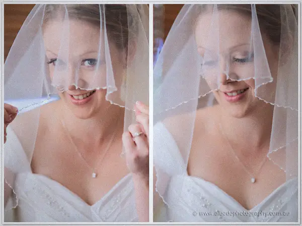 Two close-ups of smiling Cayla beneath her sheer veil with pearl necklace catching the light