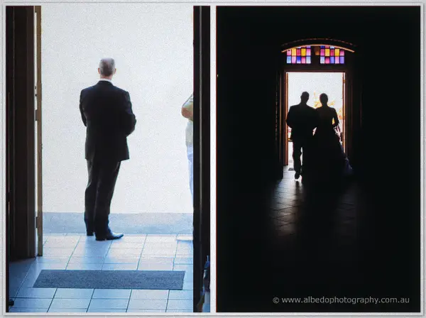 Diptych of a waiting groomsman by bright doors and Cayla with her father silhouetted in the porch