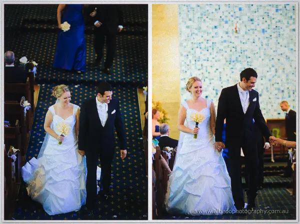 Diptych of the beaming newlyweds walking hand in hand back down the cathedral aisle