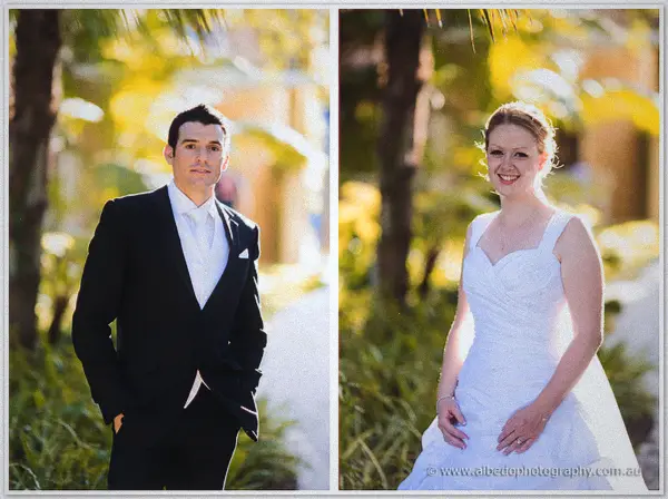 Diptych of Joe in his tux and grinning Cayla in dappled resort gardens