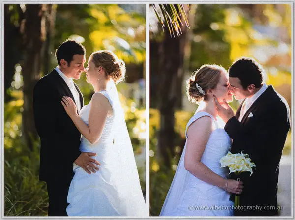 Two frames of the couple forehead to forehead and kissing among golden palm fronds