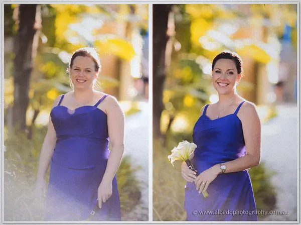 Diptych portraits of two smiling bridesmaids in blue holding calla lilies
