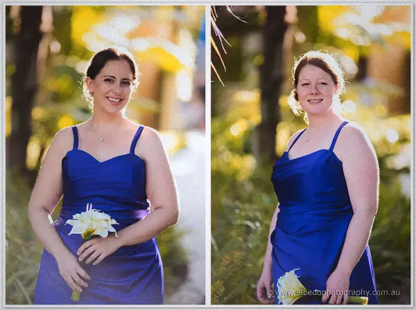 Diptych of two more bridesmaids in cobalt gowns with white lily bouquets in the gardens