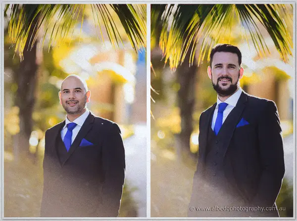 Diptych of two groomsmen in charcoal suits with blue ties against golden foliage