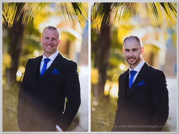 Two groomsmen portraits, one laughing broadly, beneath sunlit palm leaves