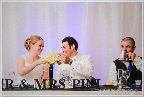 Cayla and Joe toast with wine glasses as a groomsman drinks from his silver tankard beside them