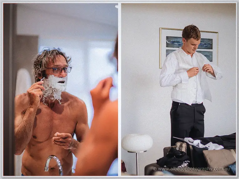 Diptych of wedding-morning prep: a father shaves at the mirror while the groom buttons his shirt and vest