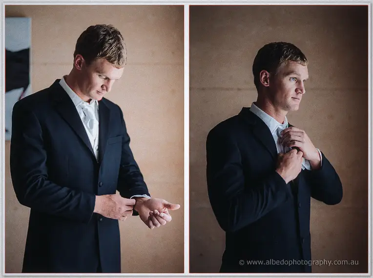 Diptych of the suited groom fastening his watch, then straightening his pale tie in soft window light