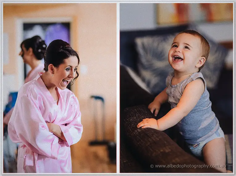 Diptych: a bridesmaid laughs in her pink robe while a grinning baby pulls up on the sofa