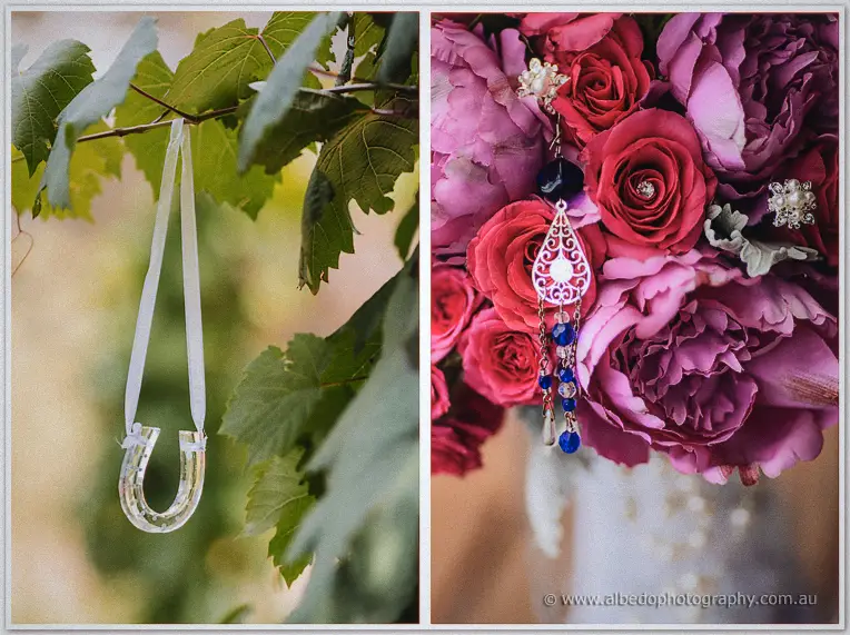 Diptych of a silver lucky horseshoe on a ribbon in the vines and a jewel-pinned peony bouquet