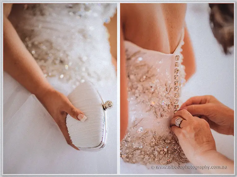 Diptych: a pleated bridal clutch in manicured hands, then buttons done up on a glittering gown back