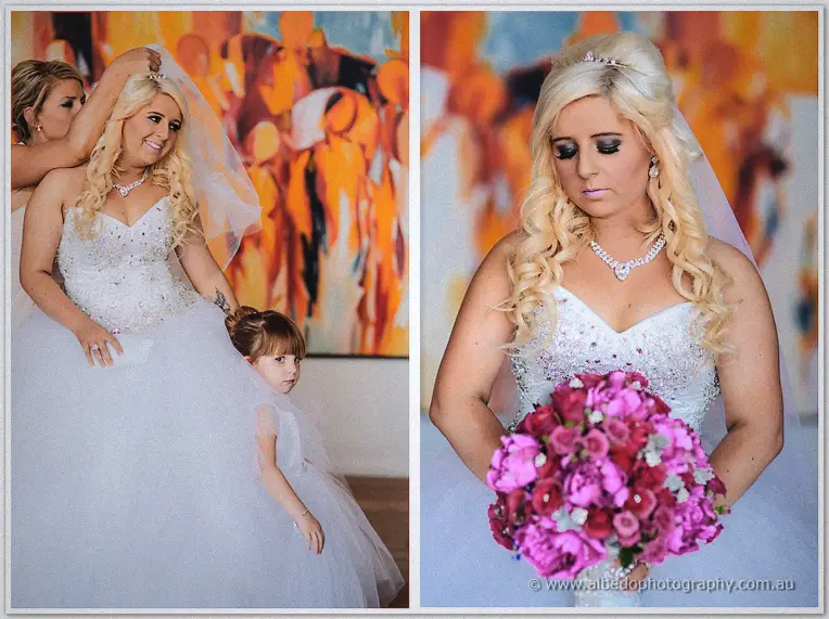 Diptych of the bride's veil being settled by mum, then a serene portrait with her fuchsia rose bouquet