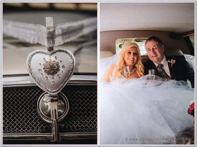 A jewelled heart ornament on the car bonnet beside Steph toasting champagne inside the limousine.
