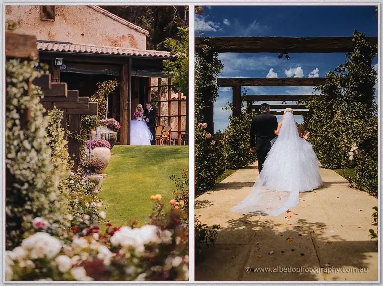 Diptych of the rose garden terrace and Steph walking the vine-clad pergola path with her father.