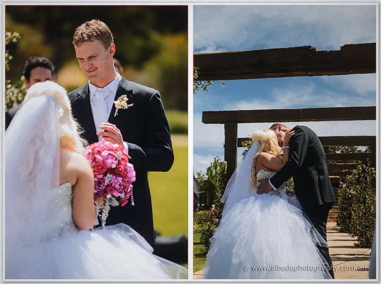 Diptych of Luke mid-vows and the couple's first kiss beneath the rustic timber arches.